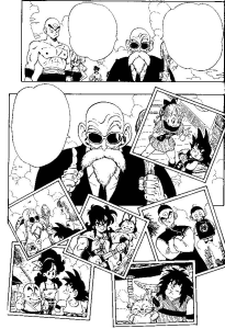 Eu teria colocado a imagem do anime, mas o mangá mostra bem como essa cena do discurso pega toda a retrospectiva de que todas as aventuras de Goku culminaram para aquele dialogo final.