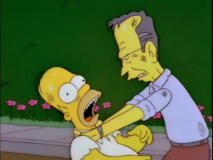 George H W Bush estrangulando Homer, homenagem aos comentários que o presidente fez em relação ao conteúdo do show.
