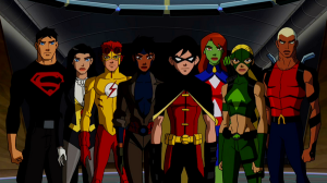 Da esquerda para a direita: Superboy, Zatanna, Kid Flash, Rocket, Robin, Miss Martian, Artemis e Aqualad.