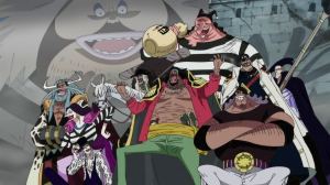 A tripulação de Barba Negra era formada por 10 pessoas no total no divisor de águas entre a primeira e a segunda metade da série. A de Luffy era formada por 9 na mesma época.